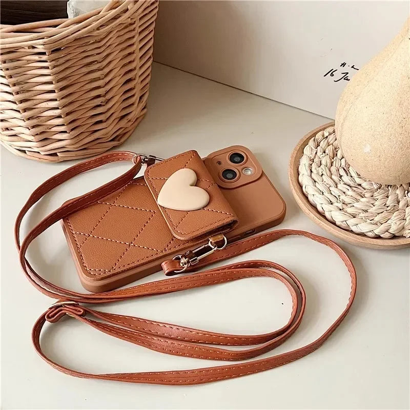Cute Crossbody Lanyard Case For Xiaomi Redmi Note 14 Pro Plus 13 12 14C 13C Mi 14T X7 Strap Card Slots Phone 3D Love Heart Cover