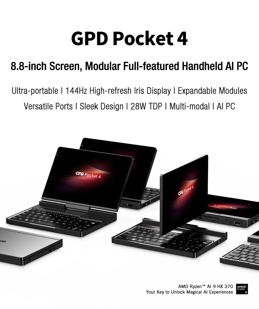 New 2025 version! GPD Pocket 4 8.8-inch AMD AI 9 HX 370 64GB RAM 2TB NVMe 2.5K resolution 144Hz refresh rate Gaming Mini Laptop