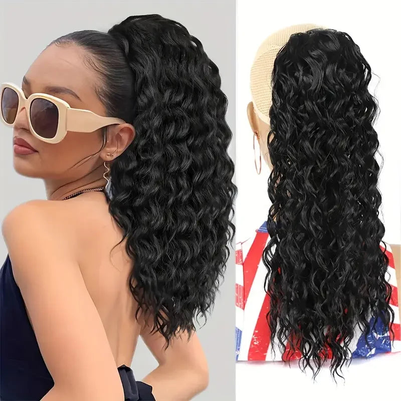 Curly Ponytail Extension Synthetic Drawstring Ponytail for Women 16Inch Long Curly Wavy Clip in Hairpiece for Daily Party