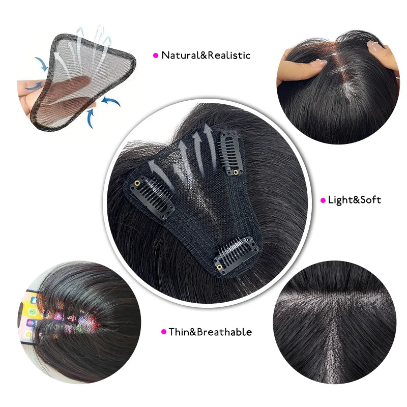 25cm 100% Human Hair 9*10cm Hairnet Black Dark Brown Clip in Hair Topper Extension with Bangs Top Wig Piece