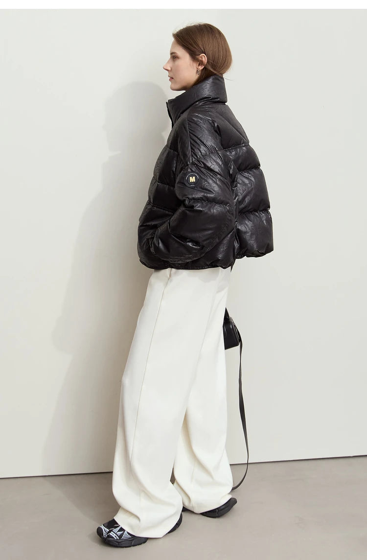 AMII Minimalist Women's Down Coat 2024 Winter Warm Thick Lapel Stand Collar Imitation Leather Duck Down Female Jacket 12444025