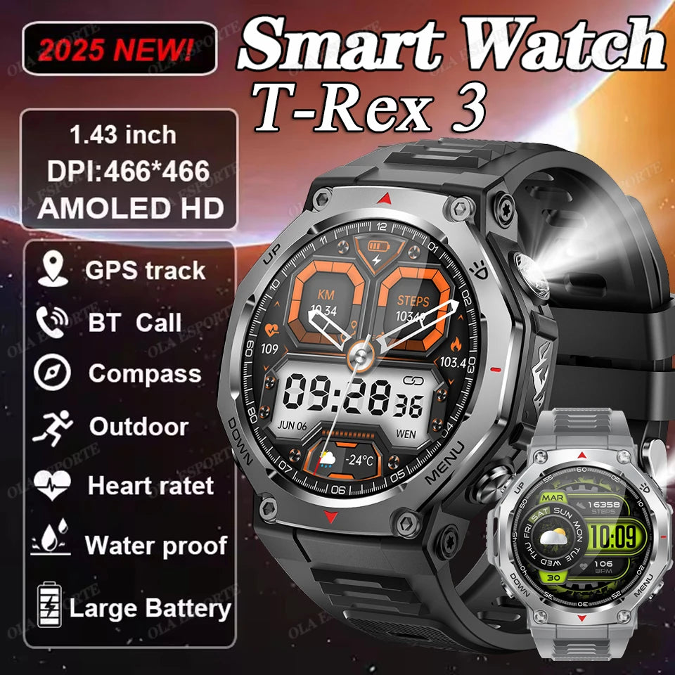 2025 T-Rex 3 GPS Smart Watch 5ATM IP69K Waterproof Clock GPS Tracker Altimeter Call Military Sport Smartwatch Men Women Bracelet