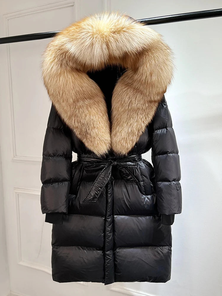 Janveny Winter Real Natural Fox Fur Hooded Long Puffer Down Jacket Women 90% Goose Down Coat Thick Warm Female Shiny Parkas