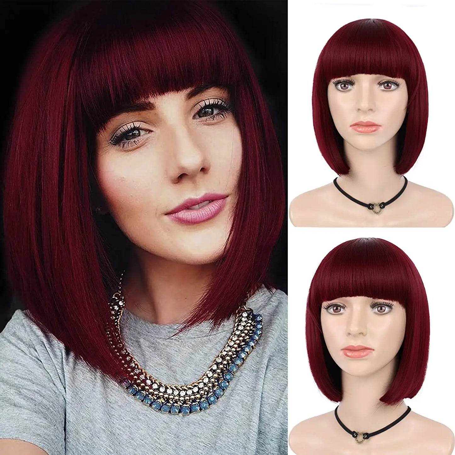 Synthetic 12 Inch Short Bob Black Wig With Bangs for Women Natural Looking Soft Hair Replacement Wigs Velma Kelly Halloween
