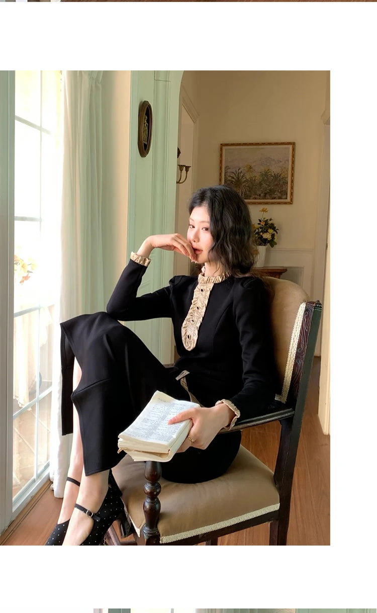 Women Clothes Black Vintage Outfits Elegant Ruffle O-Neck Tops Shirt Blouse And High Waist Midi Skirt Mujer 2 Pieces Set Formal