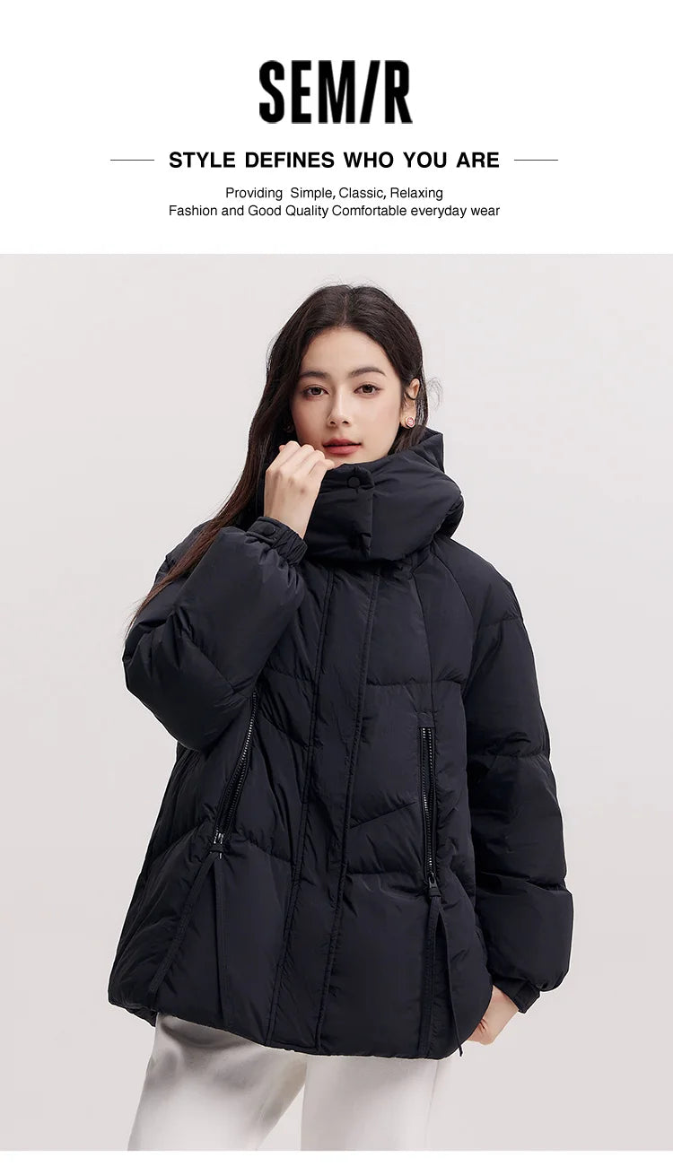 Semir Mid-Length Down Jacket Women Loose Fit Hooded Textured Coat 2025 New Winter Casual Warm Style