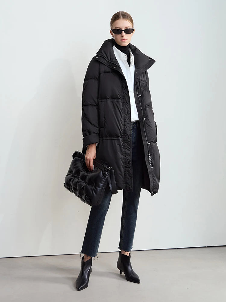 Amii 2024 Winter New Women's Velcro Loose Coat Top Warm Stand-up Collar Letter Embroidered Seal Zipper Down Jacket 12444103