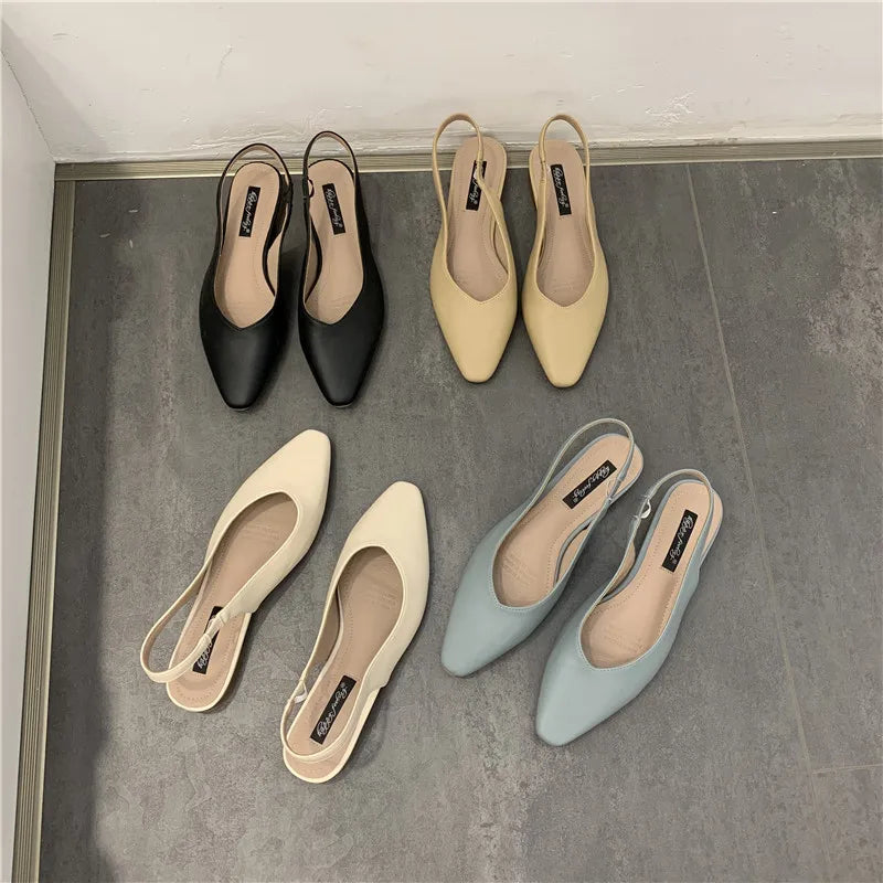 Elegant Slingback Flat Sandals Women Solid Leather Pointed Toe Shoes Summer Ladies Rear Strap Sandalias Low Heel Mary Janes 2025