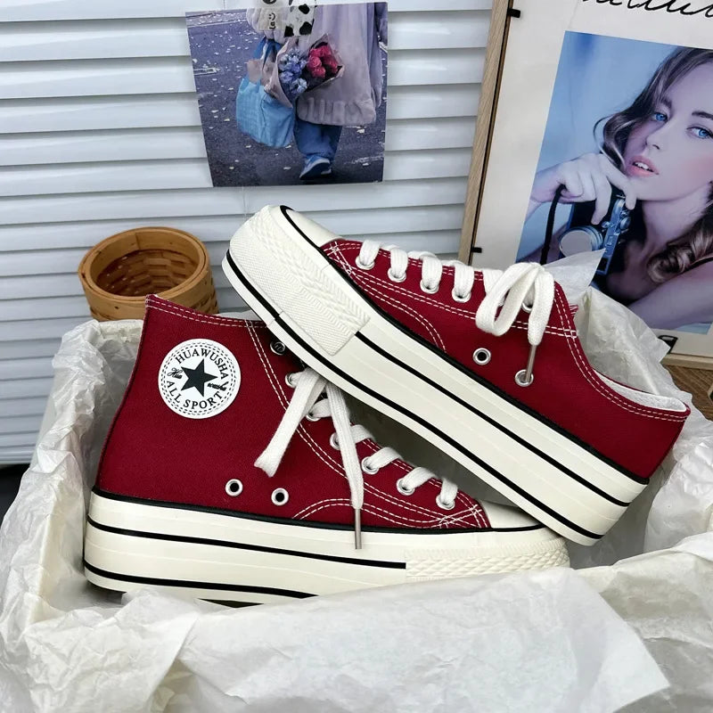 2024 New Style Korean Versatilewine Red High Top Shiny Canva Women's Shoes With Thick Sole 4CM Low Top Sneaker H-1