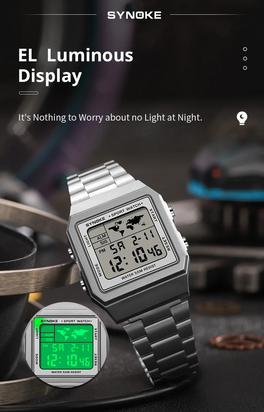 SYNOKE Top Brand Luxury Stainless Steel Chrono Sport Watches Men Back Light Display Digital Wristwatch 5Bar Waterproof Reloj Hom