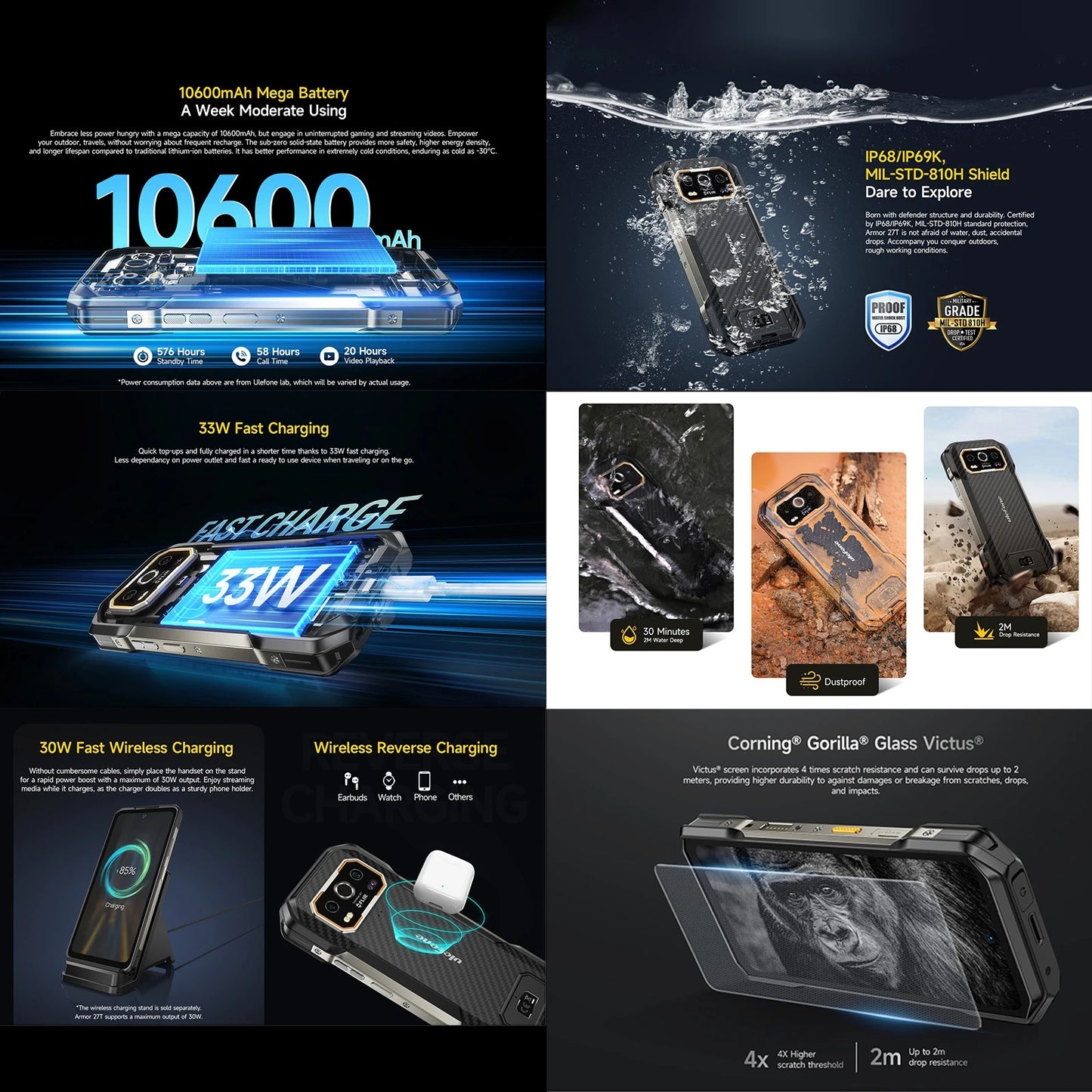 Ulefone Armor 27T Rugged Phone Thermal Imager 12GB+256GB 10600mAh 6.78'' Android 14 Helio G99 Night Vision 4G NFC Smartphone