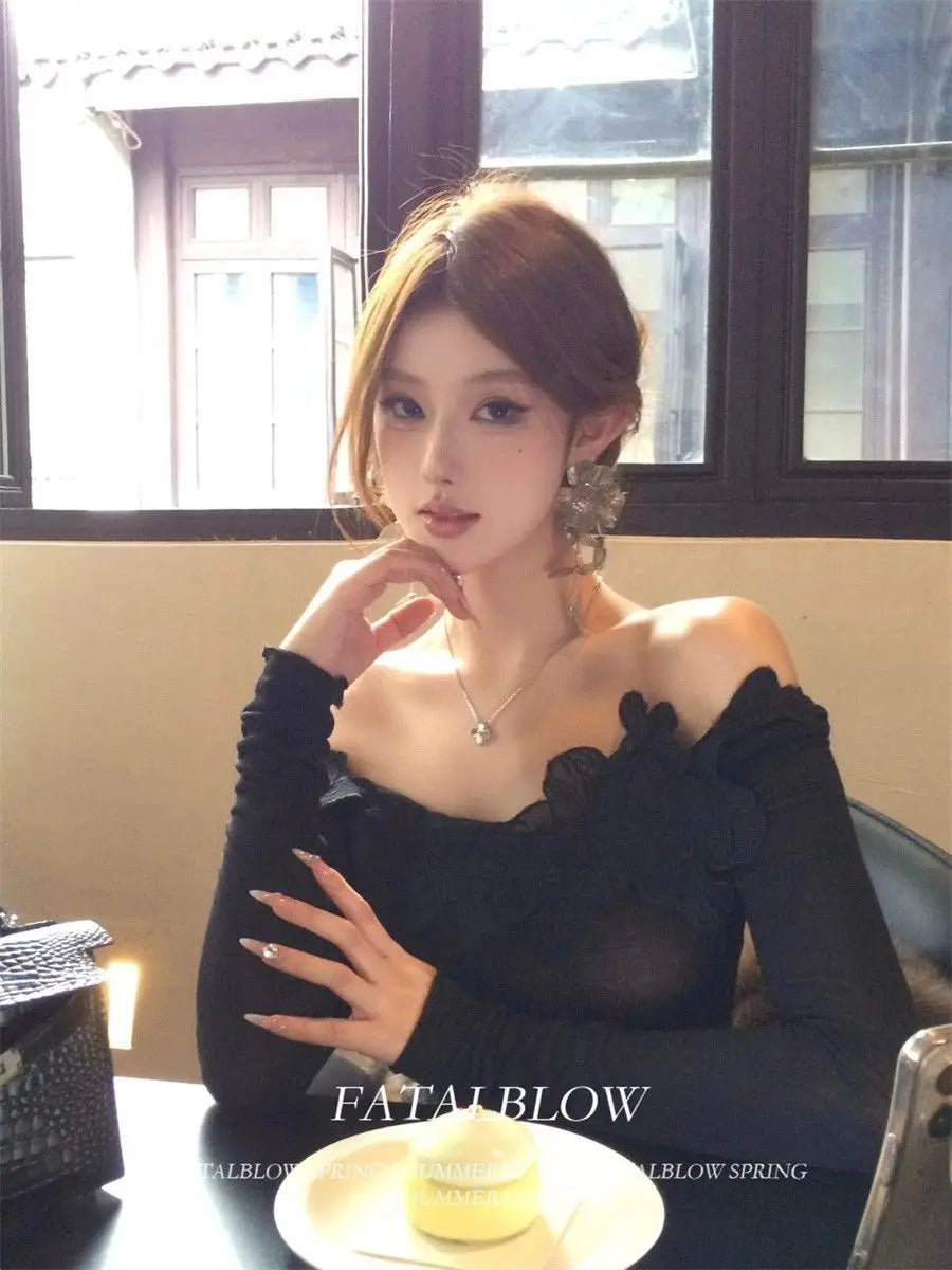 Women Clothes Spring Autumn Fashion Simplicity Solid Color Slash Neck Ladies Trend Pure Desire Wind Long Sleeve Appear Thin Tops