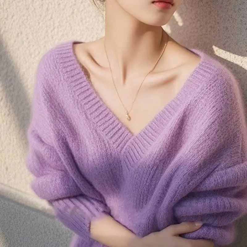 Women Clothes Spring Autumn Fashion Simplicity Elegant Solid Color V-neck Ladies Appear Thin Lazy Wind Long Sleeve Slsweater Top
