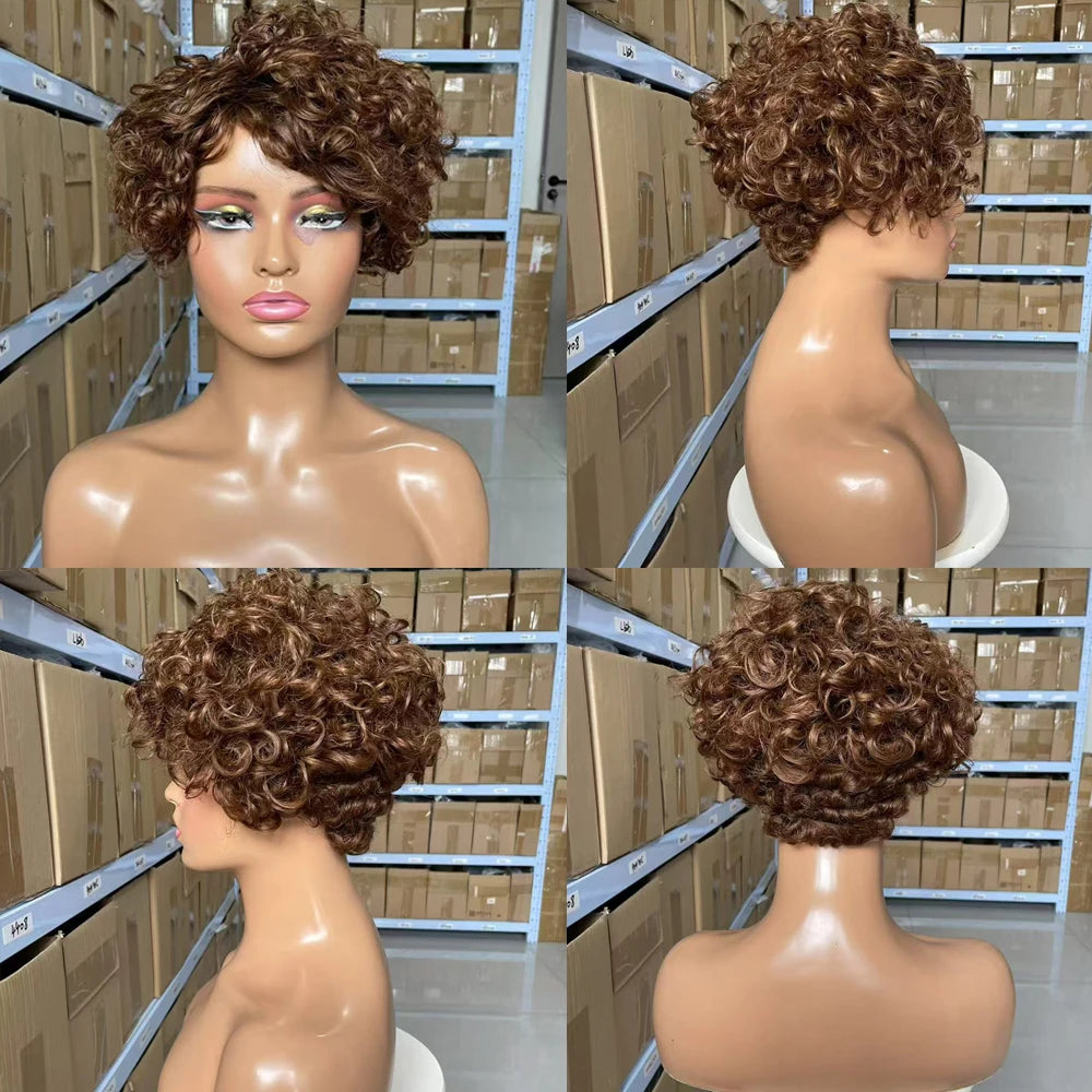 Chocolate brownMachine Made Wig Indian Human Hair Pixie Cut Wig Short Kinky Curly Loose Curly Non Lace Wigs with Bangs for Women