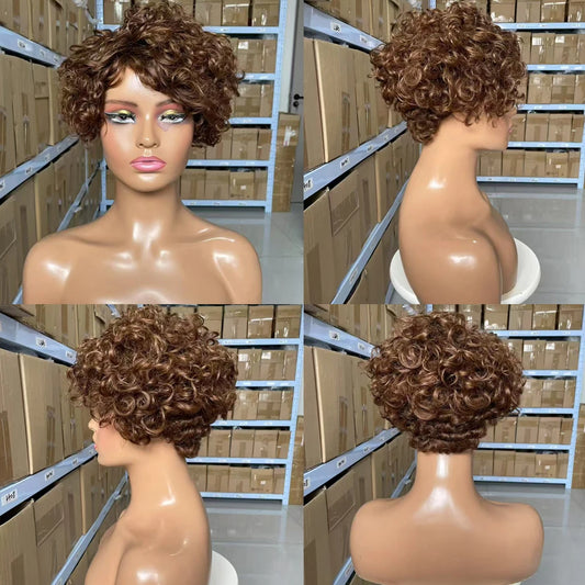 Chocolate brownMachine Made Wig Indian Human Hair Pixie Cut Wig Short Kinky Curly Loose Curly Non Lace Wigs with Bangs for Women