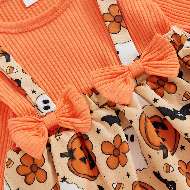Newborn Baby Girl Halloween Clothes Outfit Pumpkin Ghost Print Long Sleeve Crew Neck Patchwork Romper Dress with Headband