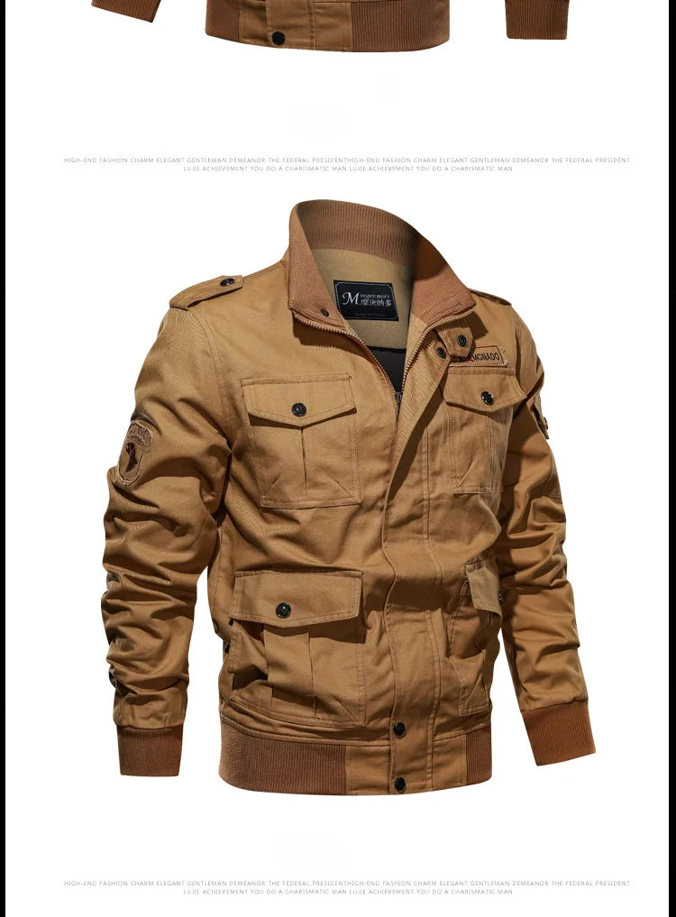 American style jacket for men's spring and autumn 2024 newmulti pocket outdoor pure cotton casual workjacket stand up collar top