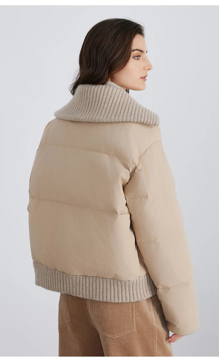 BC835 White goose down with large lapel warm zipper long-sleeved down jacket 100 cashmere warm coat