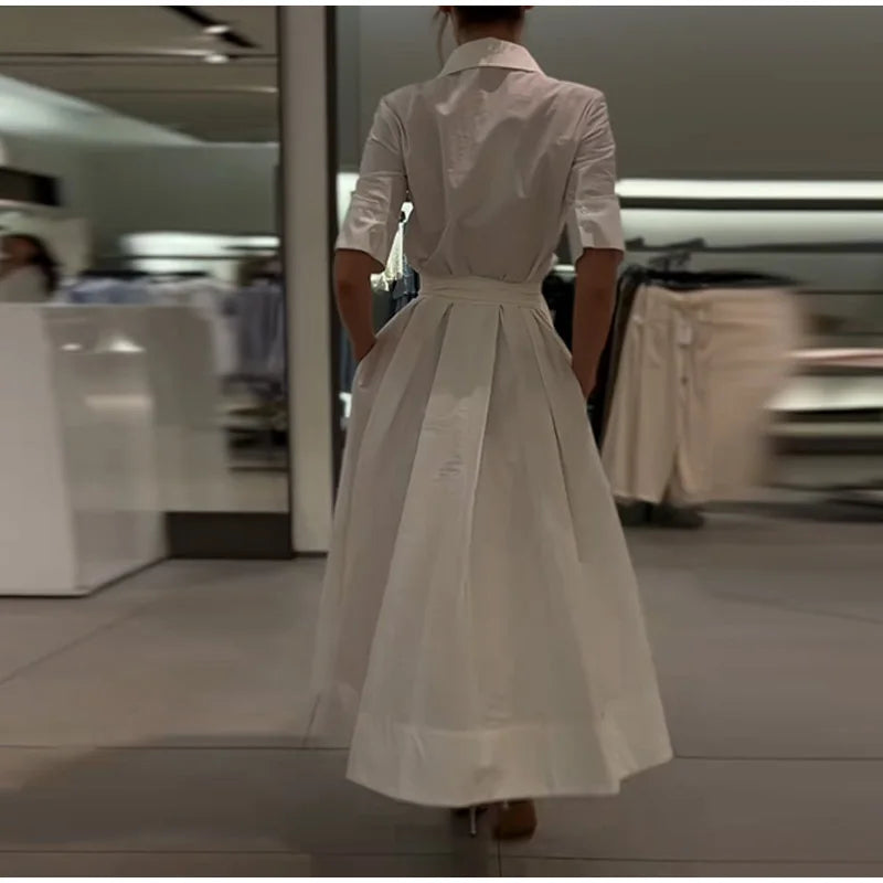 Elegant Single Breasted Khaki Long Dress Women Lapel Short Sleeve Pleat Slim Waist A-line Dresses 2025 Summer Autumn Lady Robes