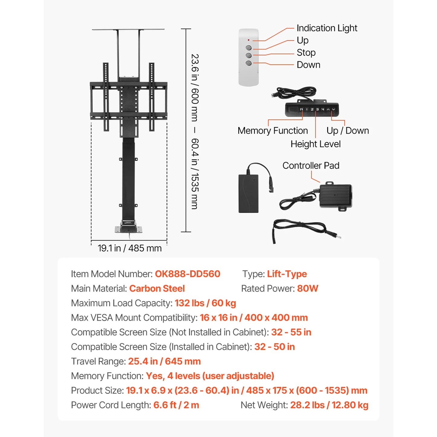 SucceBuy Motorized TV Wall Mount for 32 to 55/65/70 Inch Adjustable TV Mount Bracket w/ Max VESA 24 x 16/24 in Up to 88-132 lbs