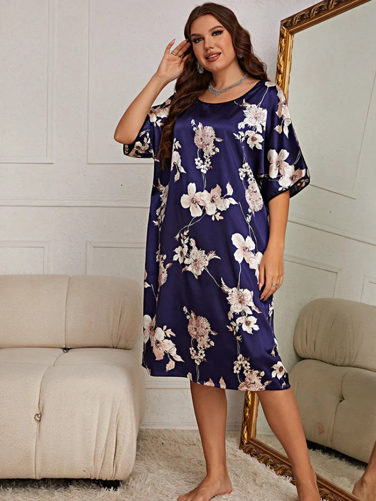 Plus Size Silk Satin Short Sleeves O Neck Women Nightgown Floral Print Sleepwear Nightwear Female Homewear Lounge Clothes