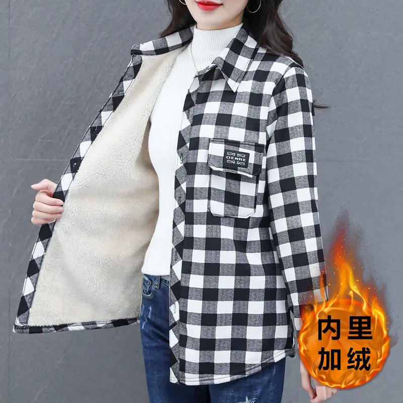 Women's Plaid Plus Velvet Shirt Vintage Thickened Oversized Keep Warm Woolen Blouses Loose-Fit Tops Outwear Female Clothes Shirt