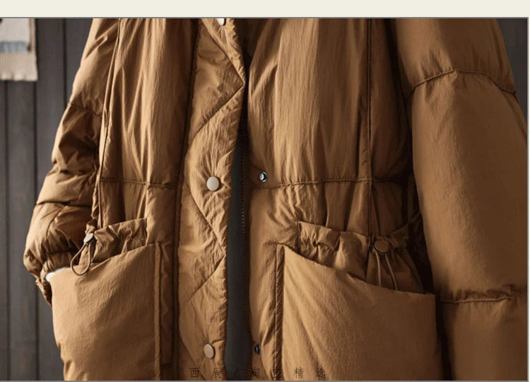 Schinteon Women White Duck Down Long Jacket Casual Loose Autumn Winter Outwear with Hood Warm Coat Big Pockets 2024 Korean Style