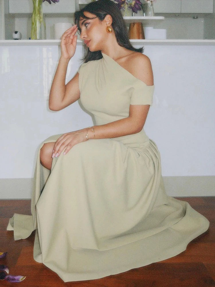 Summer Lady Patchwork Pleated Maxi Dress Chic Elegant Black Half-turtleneck Short Sleeve High Waist Dresses Office Street Robes