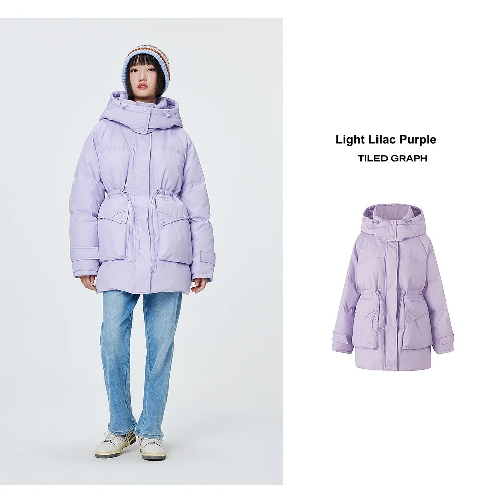 Metersbonwe Women's  Oversized Long Hooded Down Jacket Adjustable Pig Nose Buckle Waist Belt Utility Duck Down Parka Warm Winter