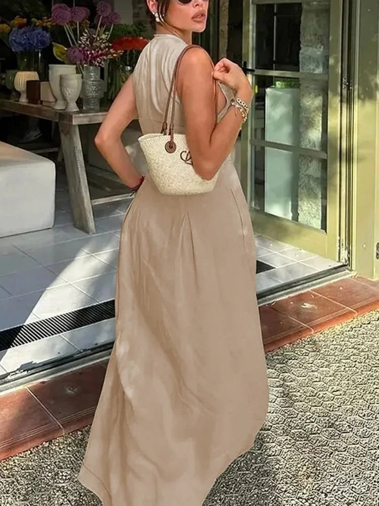Lemongor Women Fashion Solid Color Zipper A-Line Dress 2025 New Summer Sleeveless Pockets Pleated Party Evening Maxi Dresses