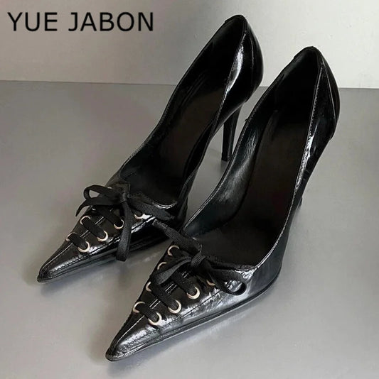 Sexy Leopard Print High Heels Women Black Pointed Toe Pumps Women Lace Up Elegant Designer Sandal Rhinestone Party Dress Shoes