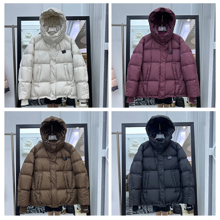 Schinteon Women White Duck Down Jacket with Hood Autumn Winter Warm Outwear Korean Style Over Size Loose Solid Color Coat 2025