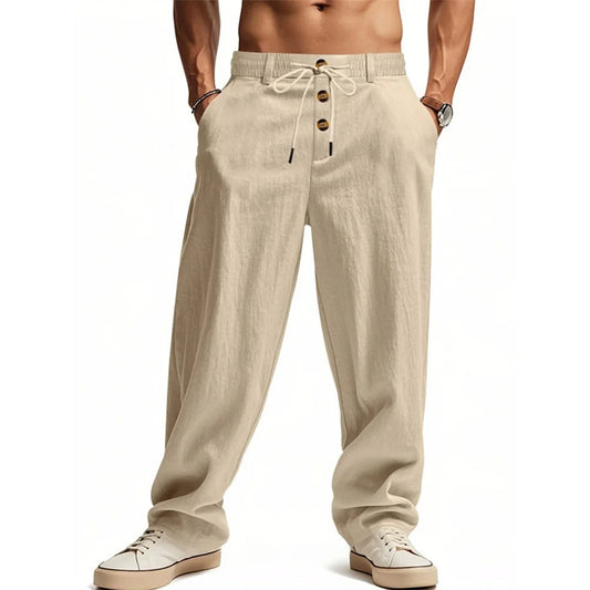 Autumn New Men's Cotton Pants Solid Color Button Drawstring Design Casual Loose Fit Cozy Trousers Simple Style Long Pants