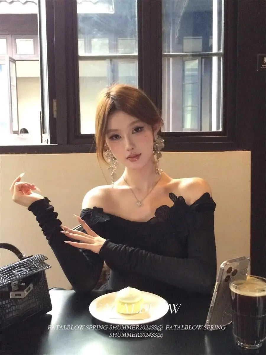 Women Clothes Spring Autumn Fashion Simplicity Solid Color Slash Neck Ladies Trend Pure Desire Wind Long Sleeve Appear Thin Tops