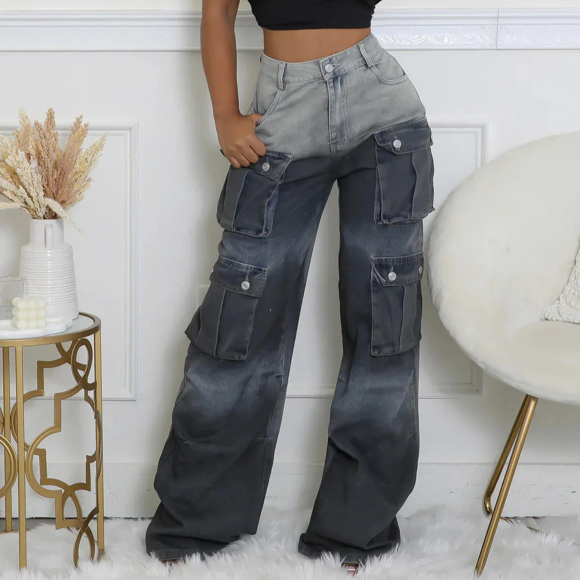 Women Denim Trousers Fashionable Solid Color Versatile Multi-pocket Casual Pants Ladies Large Size High Waist Denim