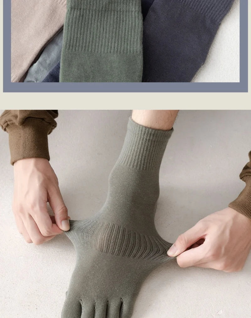 Men's Cotton 5 Toe Socks Mid Cuff Anti Odor Sweat Wicking Non Slip for Spring Autumn Casual Athletic Solid Color Daily Comfort