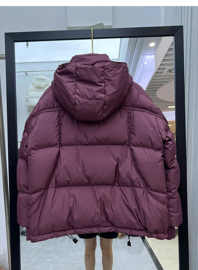 Schinteon Women White Duck Down Jacket with Hood Autumn Winter Warm Outwear Korean Style Over Size Loose Solid Color Coat 2025