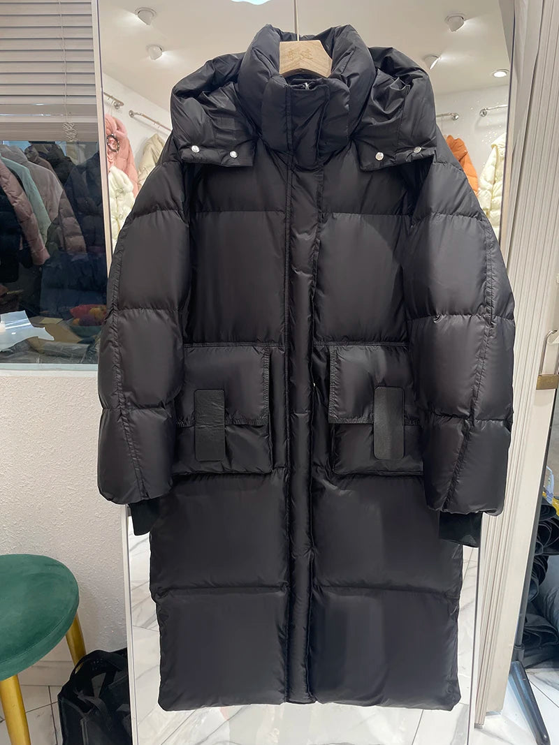 Lagabogy 2025 New Winter Women Puffer Jacket Female White Duck Down Coat Large Version of Warm Hooded Loose Thickened Long Parka