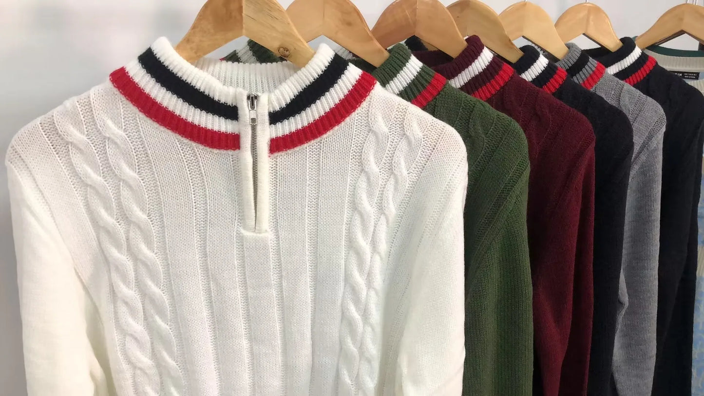 Men Pullovers Sweaters Turtleneck Zipper Thick Tops Full Sleeve Splice Simple Slim Fit Top Knit Casual Regular Autumn Winter