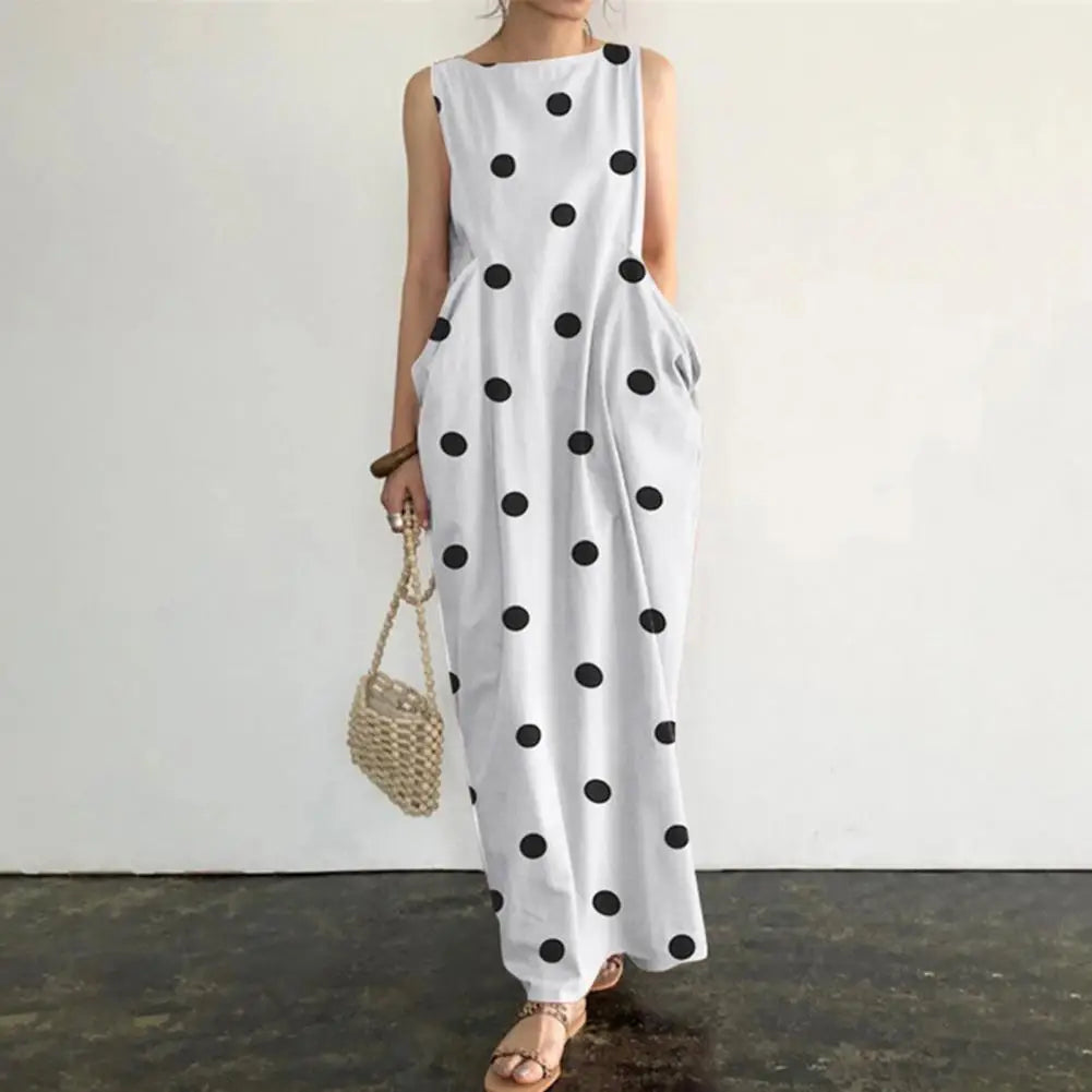 Loose Maxi Dress Summer Maxi Dress with Dot Print O Neck Big Pockets for Women Soft Ankle Length Beach