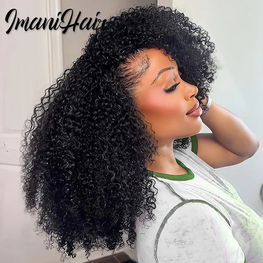 Kinky Curly Half Wig Human Hair Wear And Go Glueless Wigs Curly 3 In1 Wigs for Women Drawstring Seamless Flip Over Glueless Wigs