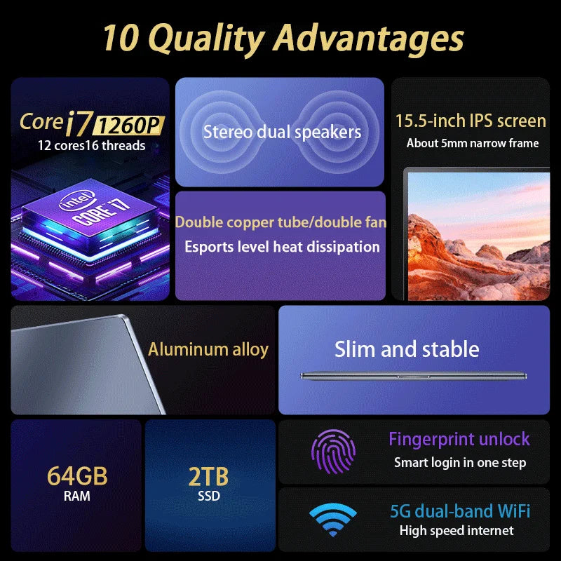15.6 Inch Laptop Intel Core i9-12900H/i9-10885H Windows 11 Por 2*DDR4 2*M.2 SSD Ultrabook Computer Fingerprint Unlock WIFI5 BT