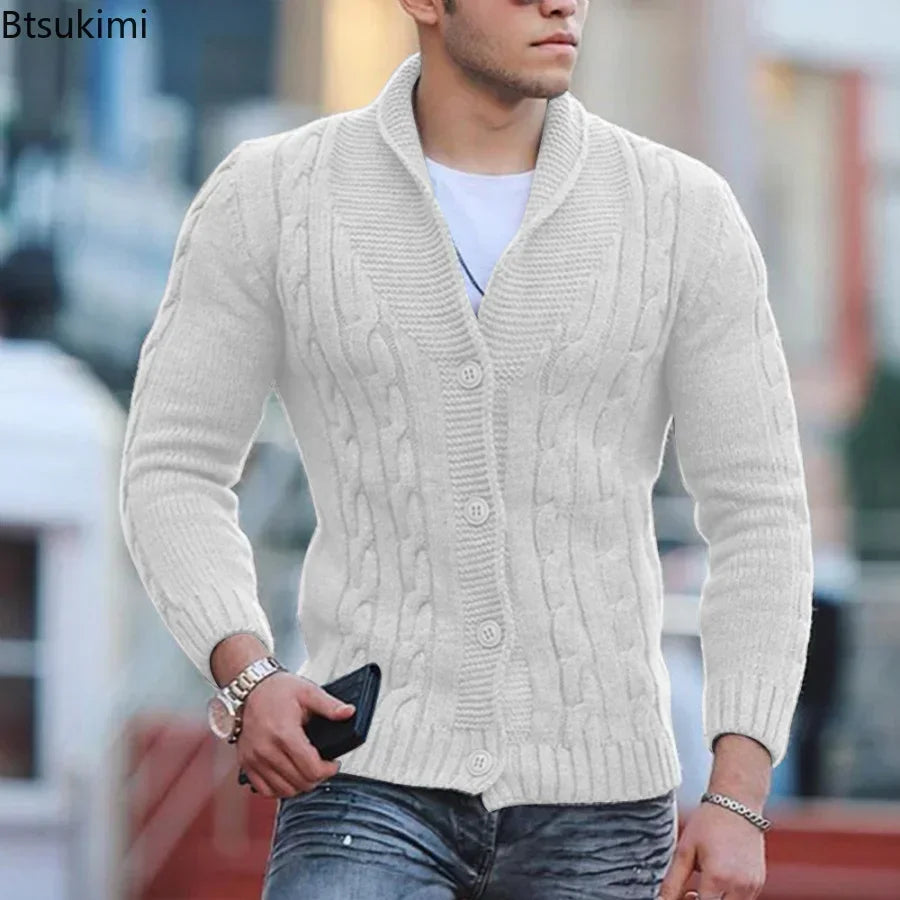 Autumn Winter Men's Warm Knitted Sweater Solid Single-breasted Twisted Texture Cardigan Lapel Slim Buttoned Thick Sweater Male