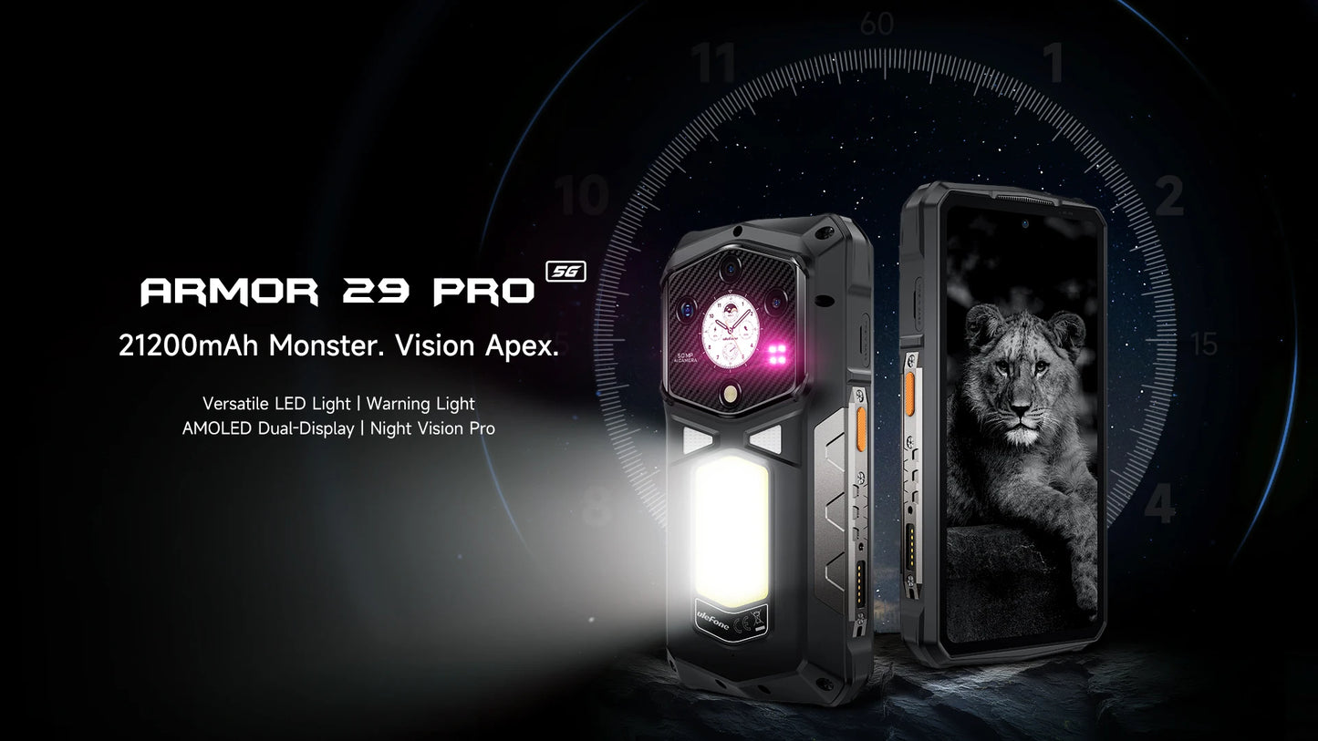 Ulefone Armor 29 Pro 5G AI Rugged Phone 21200mAh 120W 64MP Night Vision 6.67" 120Hz 512GB ROM Mobile MTK Dimensity 7400