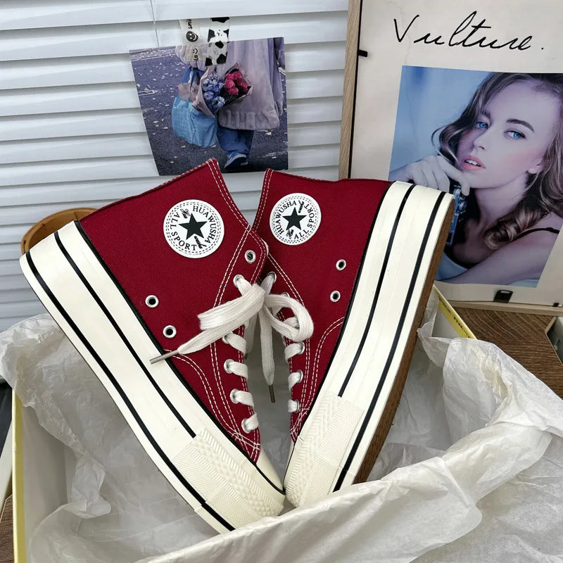 2024 New Style Korean Versatilewine Red High Top Shiny Canva Women's Shoes With Thick Sole 4CM Low Top Sneaker H-1