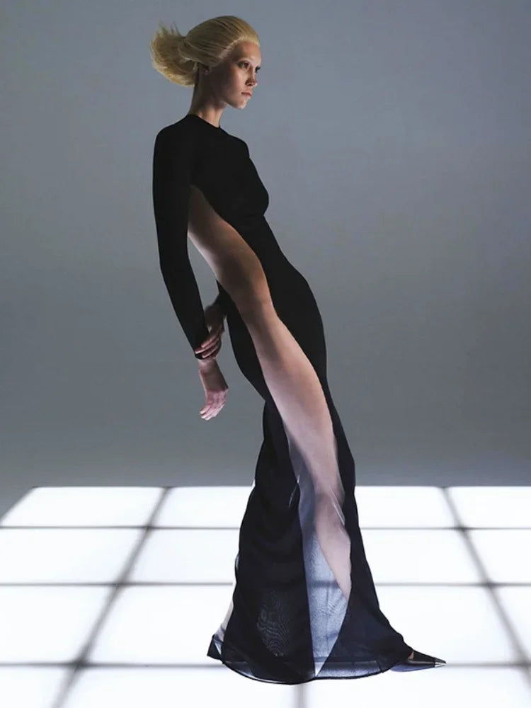 Black Maxi Dresses For Women Side See Through Vestidos Elegantes Para Mujer Slim One-Pieces Sexi Night Dress Hot Club Outfit