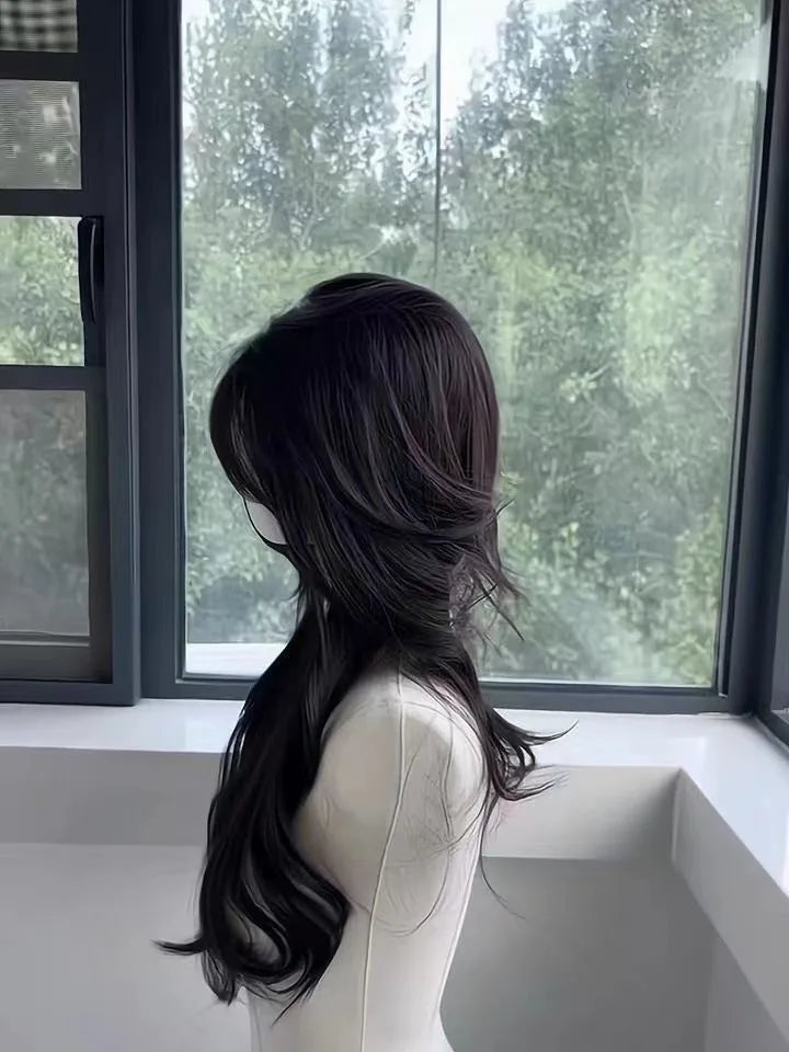 women's long hair black simulated hair new fashionable and versatile eight character bangs lazy curly hair wig