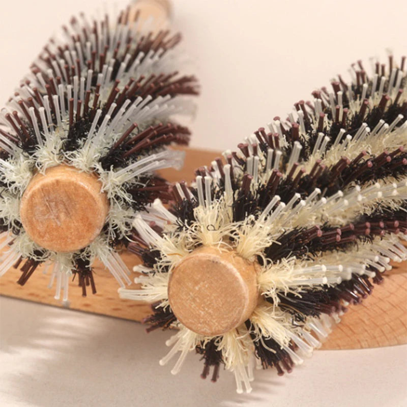 Natural Boar Bristle Roller Brush Barber Hair Roller Wood Hair Brush Round Barrel Hair Comb For Women Curly Hair Hairdressing