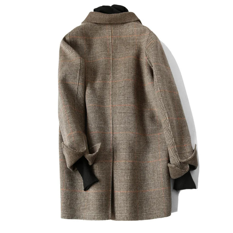 Handmade Sewn Double-sided Woolen Blazer Women Spring Autumn Plaid Wool Overcoat Office Lady Casual Suit Coat Thick Jacket