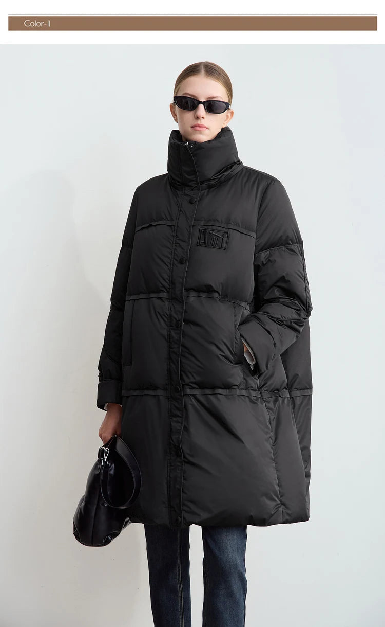 Amii 2024 Winter New Women's Velcro Loose Coat Top Warm Stand-up Collar Letter Embroidered Seal Zipper Down Jacket 12444103